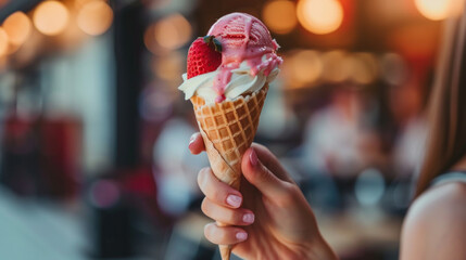 A woman's hand holds a strawberry ice cream cone