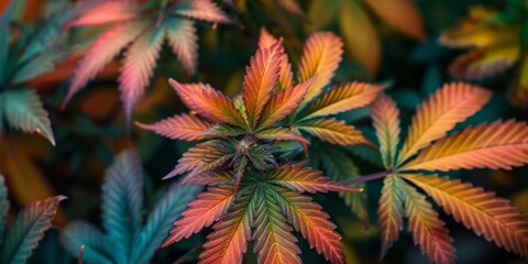 A cannabis plant with unusual coloring due to genetic modifications, in a research setting.