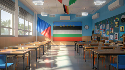Interior of classroom with UAE flag