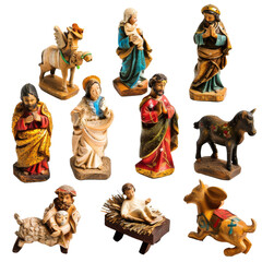 Naklejka premium Traditional Christmas Nativity Scene with Isolated Figures and Animals, Depicting the Birth of Jesus.