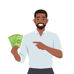 Young businessman showing cash, money and pointing index finger. Flat vector illustration isolated on white background