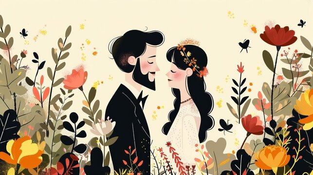 Unconventional woodland wedding invite with a charming bohemian cartoon couple, exuding both elegance and love.