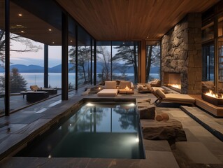 Twilight Serenity in a Modern Lakehouse Living Room