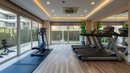 Interior of gym with modern treadmill elliptical train