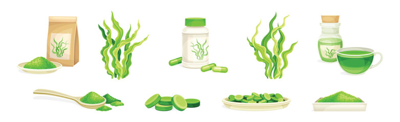 Spirulina Green Organic Healthy Food Supplement Vector Set