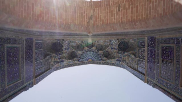 View of Gur-e-Amir - a mausoleum of the Asian conqueror Timur (also known as Tamerlane). Famous travel destination in Central Asia. Uzbekistan Samarkand Translation "final resting place of Amir Timur"