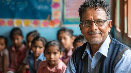 Indian male teacher with his class of students.
