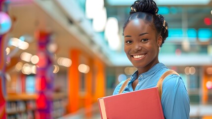 Confident young African American woman smiling in a colorful mall setting, holding a folder. Casual style, candid expression captured. Ideal for lifestyle and advertising themes. AI