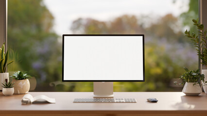 A computer mockup on a wooden desk against the large glass window with a nature view.