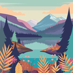 Colorful Nature View of River Mountain with Pine Tree Floral Plant