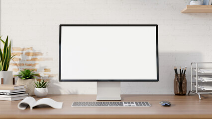 A minimalist farmhouse office desk, a computer mockup on a wooden desk against the white brick wall.