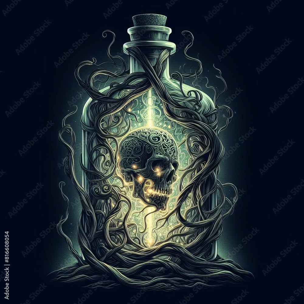 Aufkleber an intricately designed bottle with a glowing skull inside, surrounded by mystical vines against a d