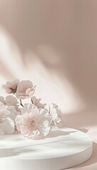 Elegant white flowers arranged on a soft pink background, creating a serene and romantic atmosphere with gentle light and shadows.