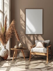 Modern minimalistic living room in a bohemian, scandinavian, nordic style. Mockup with a wall frame poster background. Interior design inspiration for a magazine, decoration, furniture concept.