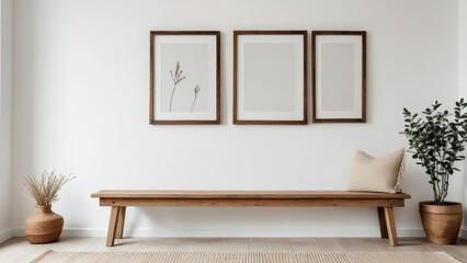 Wooden rustic bench near white wall with two frames. Farmhouse, country, boho interior design of modern home entryway, hall.