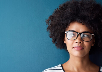 Black woman, thinking and glasses as prescription with eyewear for eyesight, vision and confident....