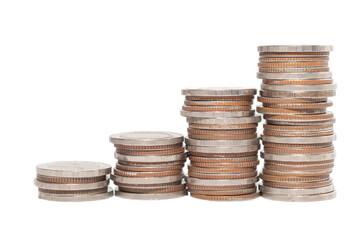 Stacks of coins arranged in ascending order, symbolizing savings growth, financial success, and investment planning on a white background