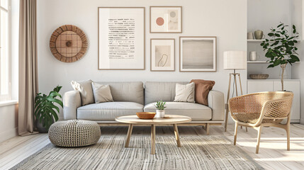 Interior of light living room with grey sofa wooden ar