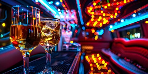 Party in style with a luxury limousine featuring a stylish bar. Concept Luxury Limousine, Stylish Bar, Party Transportation, Premium Experience
