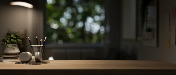 A copy space for displaying products on a wooden tabletop in a dark living room.