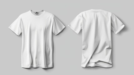 Two blank white t-shirts, one front view and one back view, presented on a plain gray background to highlight the design sp