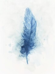 Watercolor painting of a blue feather on a white background. Use for phone wallpapers, posters, postcards, brochures