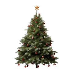 Fototapeta premium Festive Christmas Tree Decorated with Ornaments and Lights, Isolated without Background