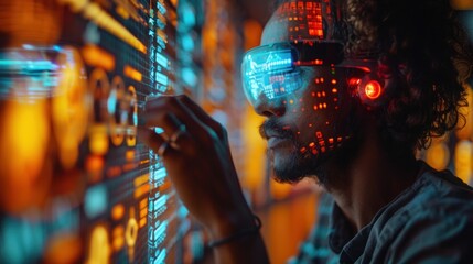 businessman interacting with advanced augmented reality AR business interface utilizing holographic projections.