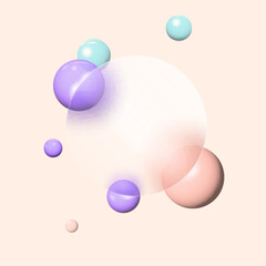 Transparent glass acrylic round plate in glass morphism style with 3D glossy balls on the background. 3D spheres of pastel colors with blur effect abstract background.Vector illustration