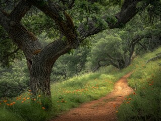 Obraz premium The photo shows a dirt hiking trail through a lush green forest with a large tree in the foreground.
