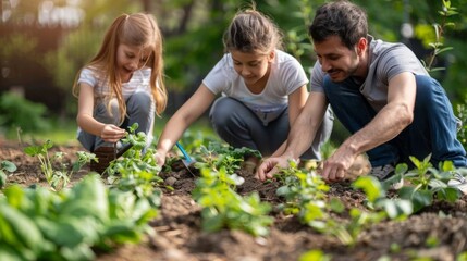 A family planting seeds in a well-organized vegetable garden