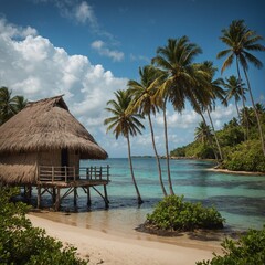 A tropical island with a traditional thatched-roof hut.