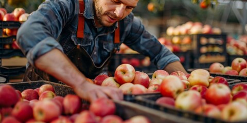 A farm worker sorting organic apples into crates, focusing on the quality inspection process.