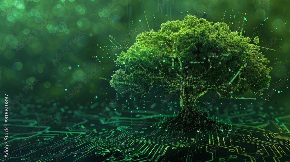 Aufkleber a vibrant tree with its roots in the form of a digital circuit board represents the fusion of nature