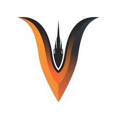 a simple vector consultancy logo including letter V and Salisbury cathedral spire, black and pastel orange, white background, Generate AI.