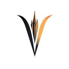 a simple vector consultancy logo including letter V and Salisbury cathedral spire, black and pastel orange, white background, Generate AI.