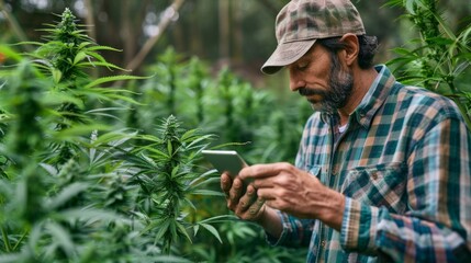 A farmer checking the health of cannabis plants with a digital tablet