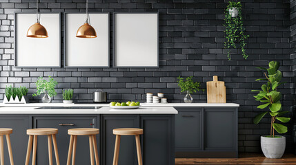 Interior of modern kitchen with blank photo frames