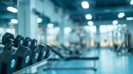 Fototapeta premium Blurred Background of Modern Gym with Dumbbells and Fitness Equipment