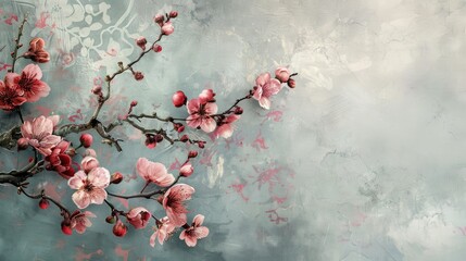 Gray sky background complements pink fruit blossoms