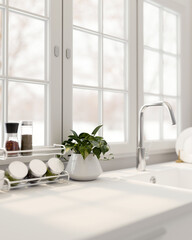 A close-up shot of a modern white and clean kitchen countertop in a modern white kitchen.