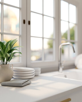 A close-up shot of a modern white and clean kitchen countertop in a modern white kitchen.