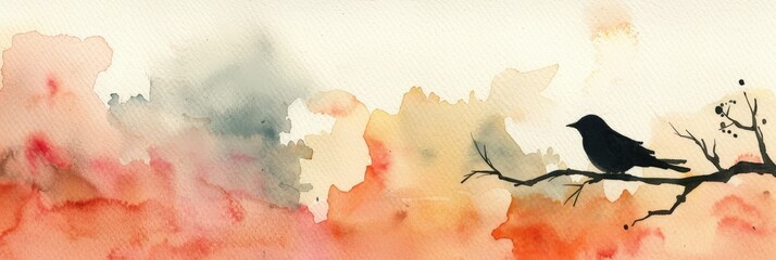Watercolor painting of the silhouette of a sparrow perched on a branch in the forest in the evening. Use for wallpapers, posters, postcards, brochures