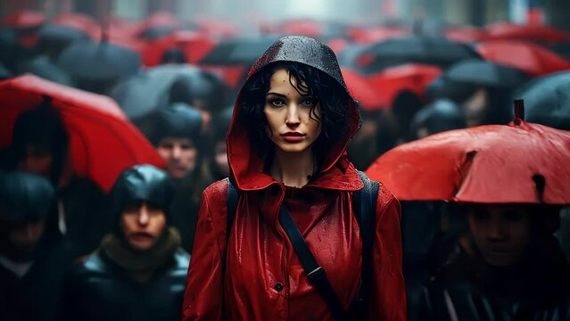 Girl with sad face in red raincoat walking in crowd of people in heavy rain, black and red colors convey human emotions.