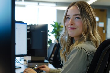 Obraz premium A cheerful blonde woman working at her computer in a bright and modern office filled with plants, reflecting a positive work environment.