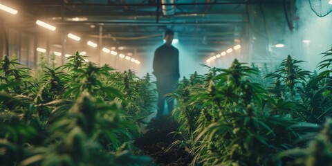 Obraz premium A farmer inspecting cannabis plants for health and quality in an indoor grow facility.