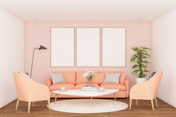 3d render of interior living room minimal with sofa, table, armchair, decoration and frame mock up. Wood parquet floor, pink wall background, white ceiling. Set 2