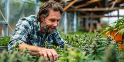A farmer inspecting cannabis plants for health and quality in an indoor grow facility.