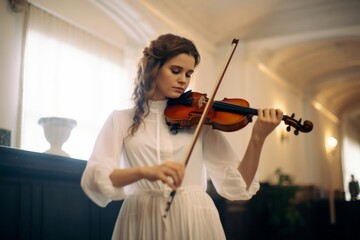 woman in white playing violin inside music school