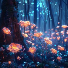 A forest where trees have vibrant, glowing flowers that light up the night.